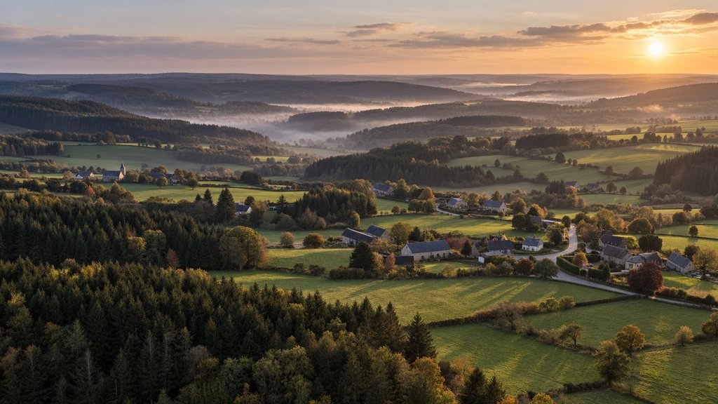 Plateau ardennais et villages de la Province de Luxembourg vus du ciel