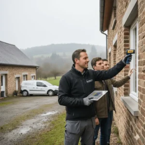 Expert Energalis réalisant un audit énergétique avec une caméra thermique sur une façade de maison en pierre à Bastogne.