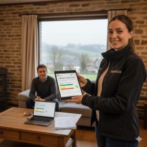 Expert Energalis présentant un certificat PEB officiel sur tablette dans un intérieur ardennais à Bastogne.