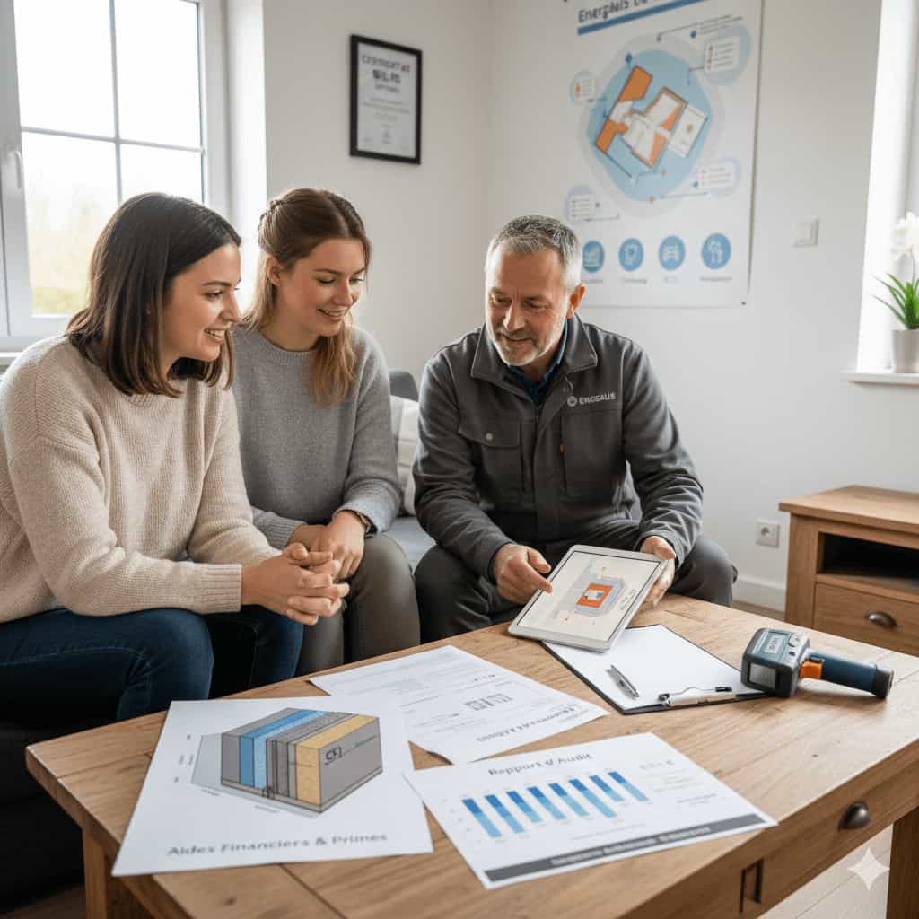 Un auditeur agréé d'Energalis présente un rapport d'audit logement et des scénarios de rénovation à un couple dans leur salon. Sur la table basse, on aperçoit une caméra thermique, des schémas d'isolation et des graphiques de performance énergétique.
